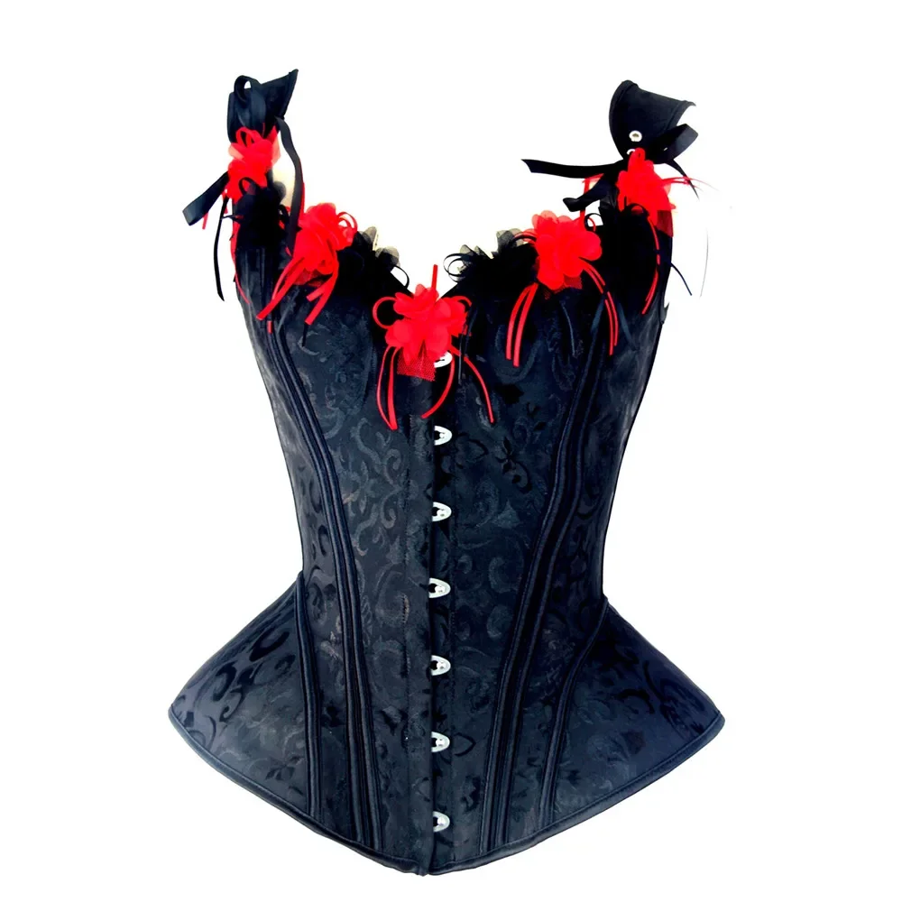 Overbust Bustier Women Black White Corset Shoulder Strap Lace Up Vintage Jacquard Vest Medieval Steampunk Corsets Top