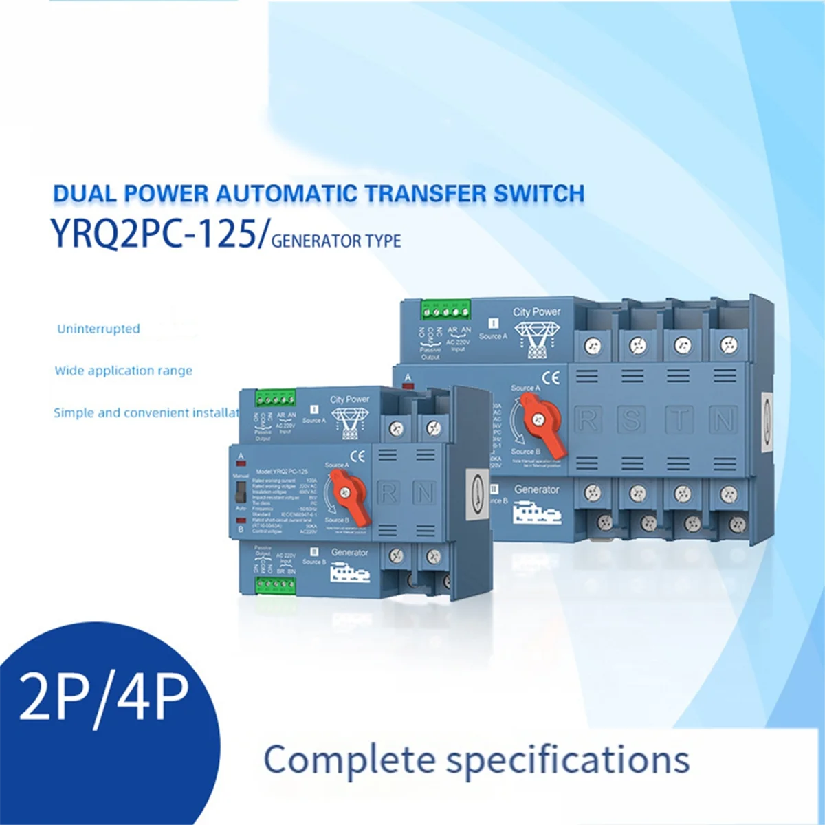 New ATS Dual Power Automatic Transfer Switch for Generator or PV Energy to City Power Changeover Switch Generator 125A 2P