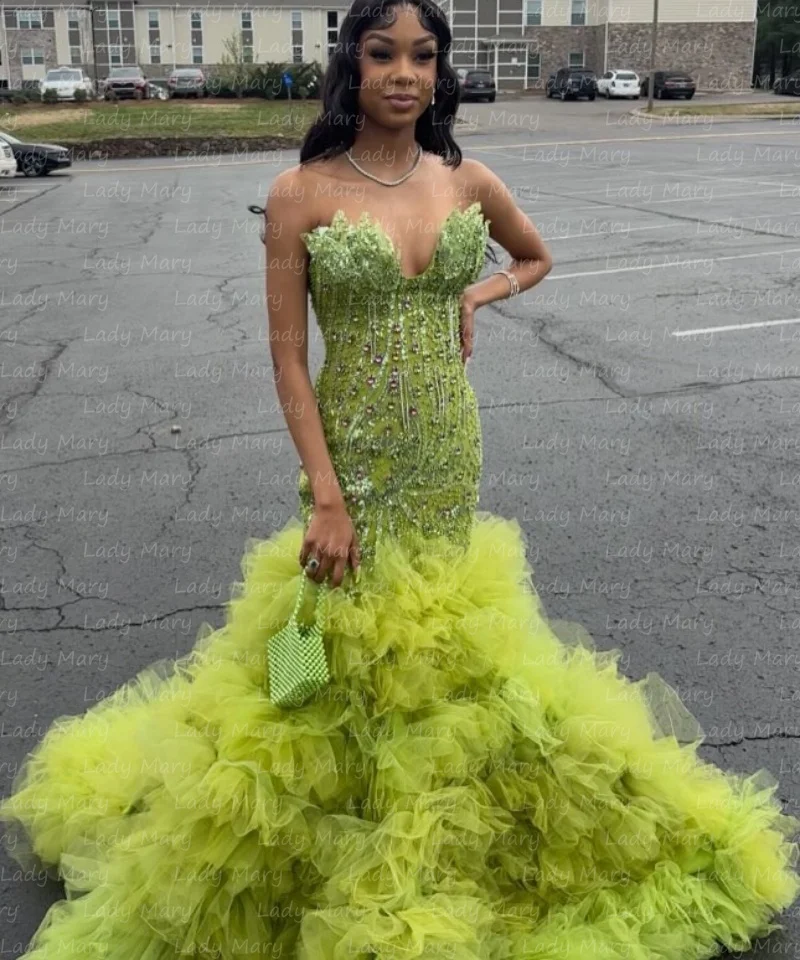 Gorgeous Green Prom Dresses Crystal Beading Mermaid Ruffle Tulle Girl Graduation Birthday Party Gowns Rich Black Girl Customized