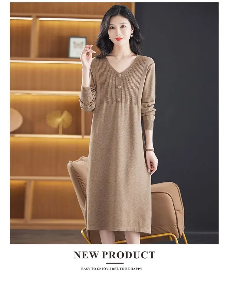 فستان محبوك أحمر للنساء، أزياء أنيقة مع أزرار وتصميم رقبة على شكل V مناسب لخريف وشتاء