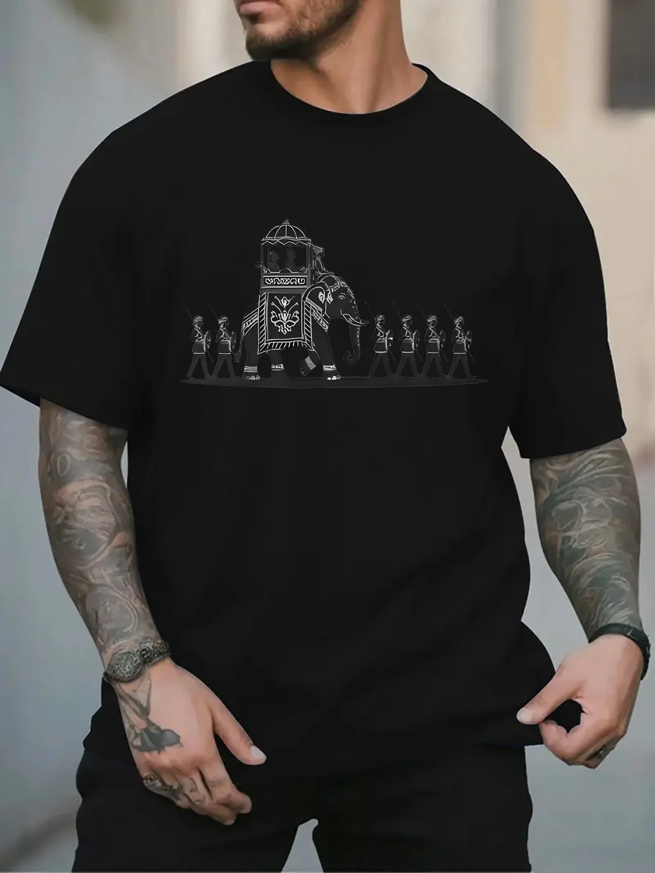 New Men White Crew Neck Tee Oriental Royal Elephant Howdah and Marching Soldiers Silhouette Folk Culture Casual Cotton Tops