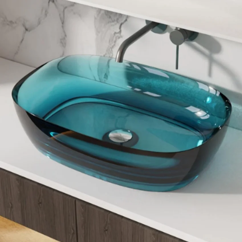 

*# Modern Crystal Resin Hotel Bathroom Countertop Mounted Vessel Sink Diamond Cut Clear Oval Shape Polished Finish Easy Clean
