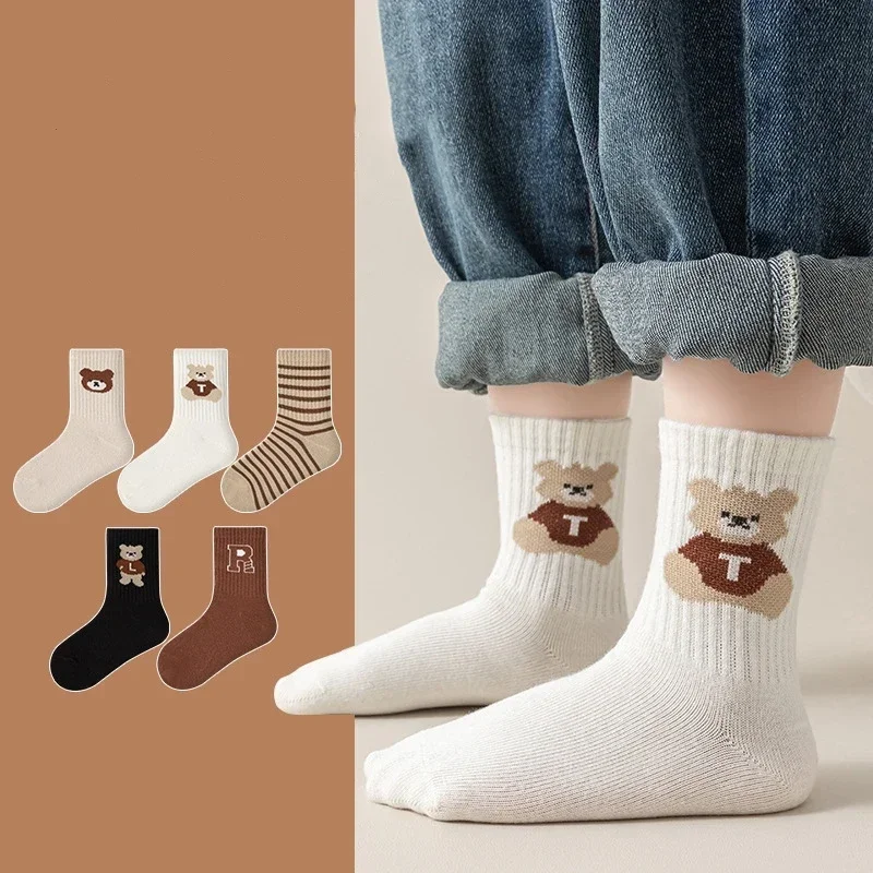 5 Pairs Korean Students Kids Fashion Cartoon Socks Baby Middle Tube Long Socks Children Boys Girls School Uniform Casual Socks