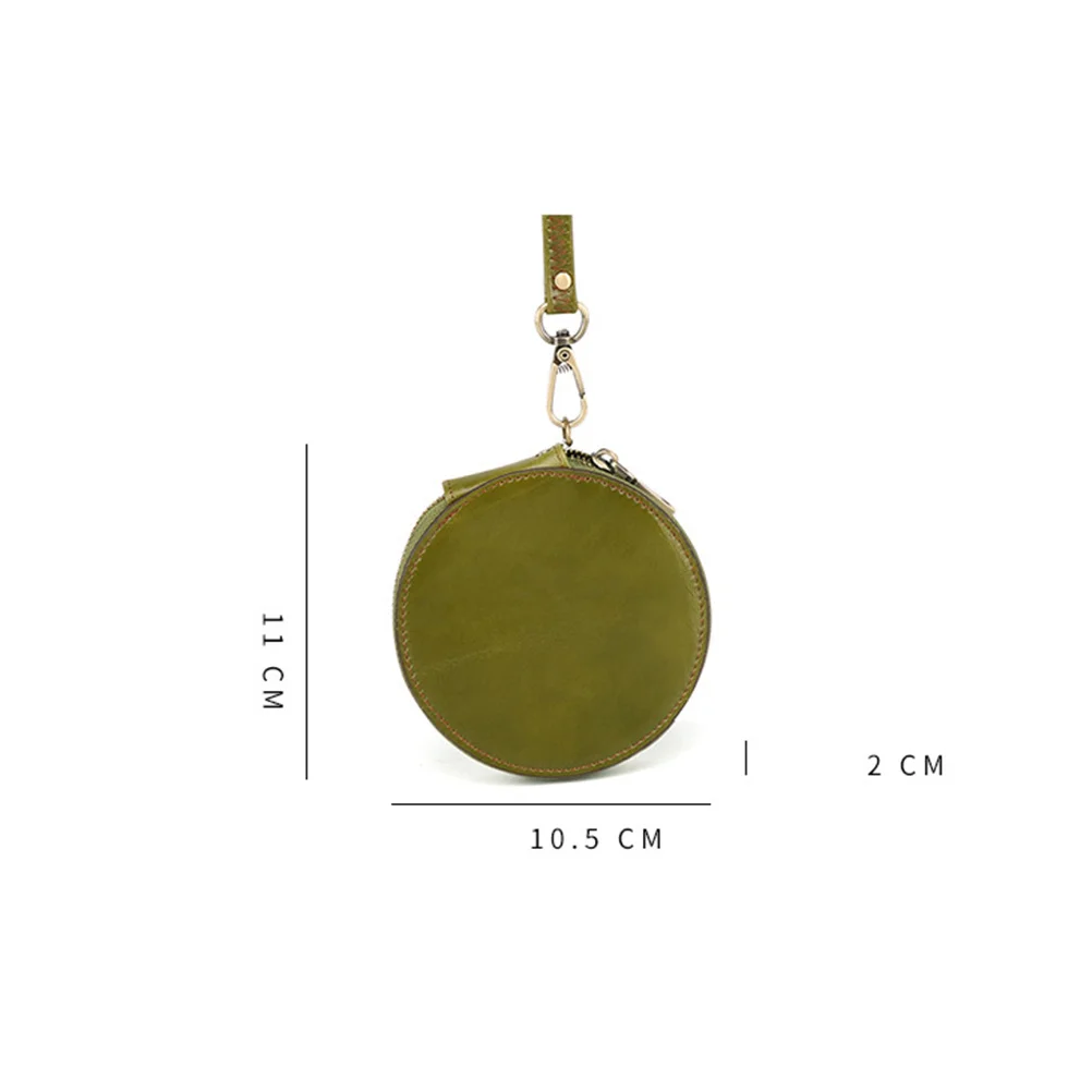 

Genuine Cowhide Coin Purse Vintage Round Wallet Small Change Bag With Lanyard Durable Soft Texture Retro Style Green