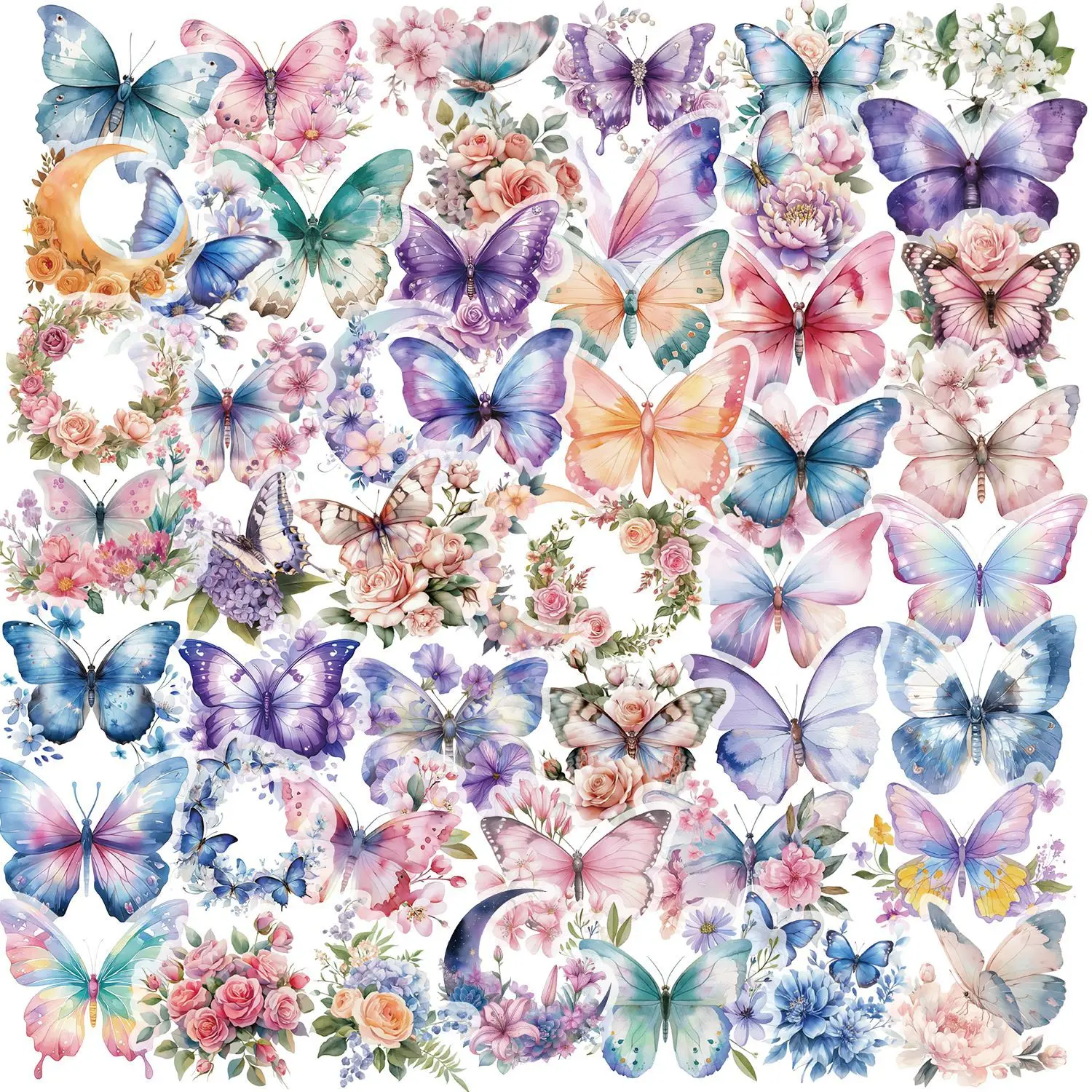 50Pcs Watercolor Butterfly Stickers Set Aesthetic Floral Moon Butterflies Pastel Rainbow Fairycore PET Waterproof Stickers Gifts