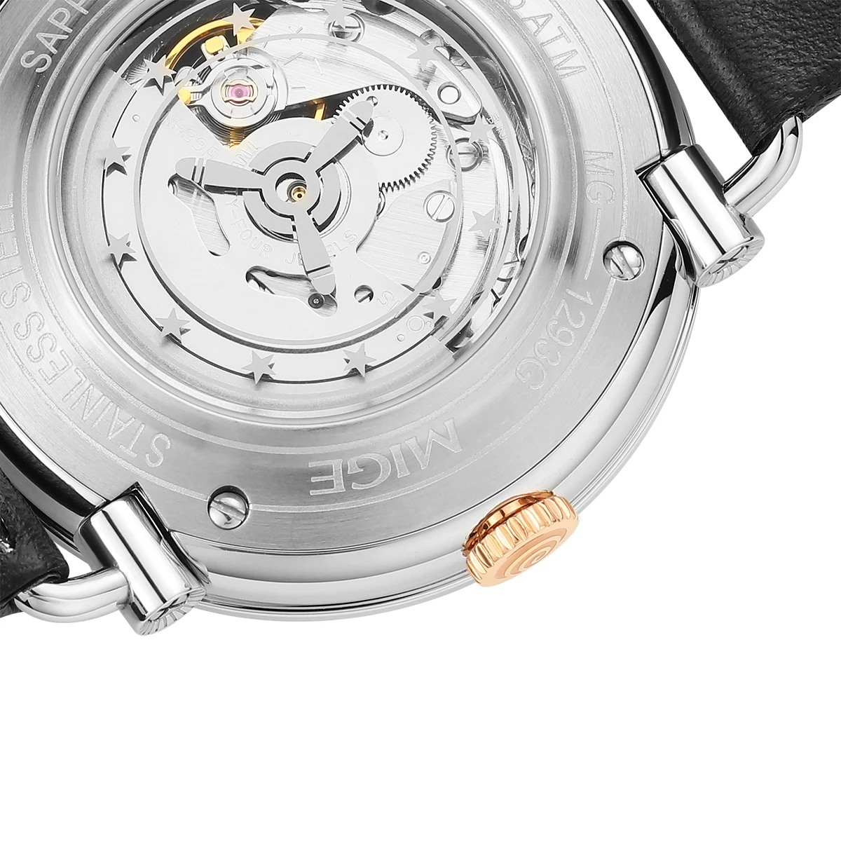 MIGE brand business stainless steel mechanical watch men japan movement waterproof automatic  Earth pattern leather mens watches