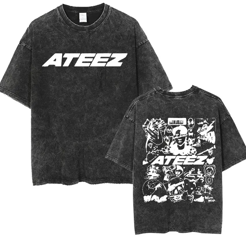 ATEEZ 2024 World Tour Kpop T Shirts Towards The Light Washed Cotton T-shirt Men Women Oversized Korean Trending Tees Clothing