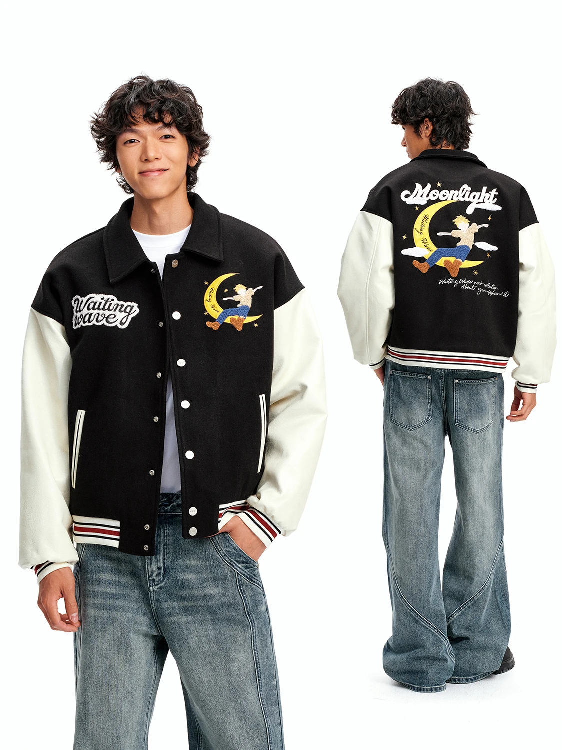 

Waitingwave Moonlight Boy Embroidered PU Leather Baseball Jaet Loose American Sle College Windbreaker for Boys And Men