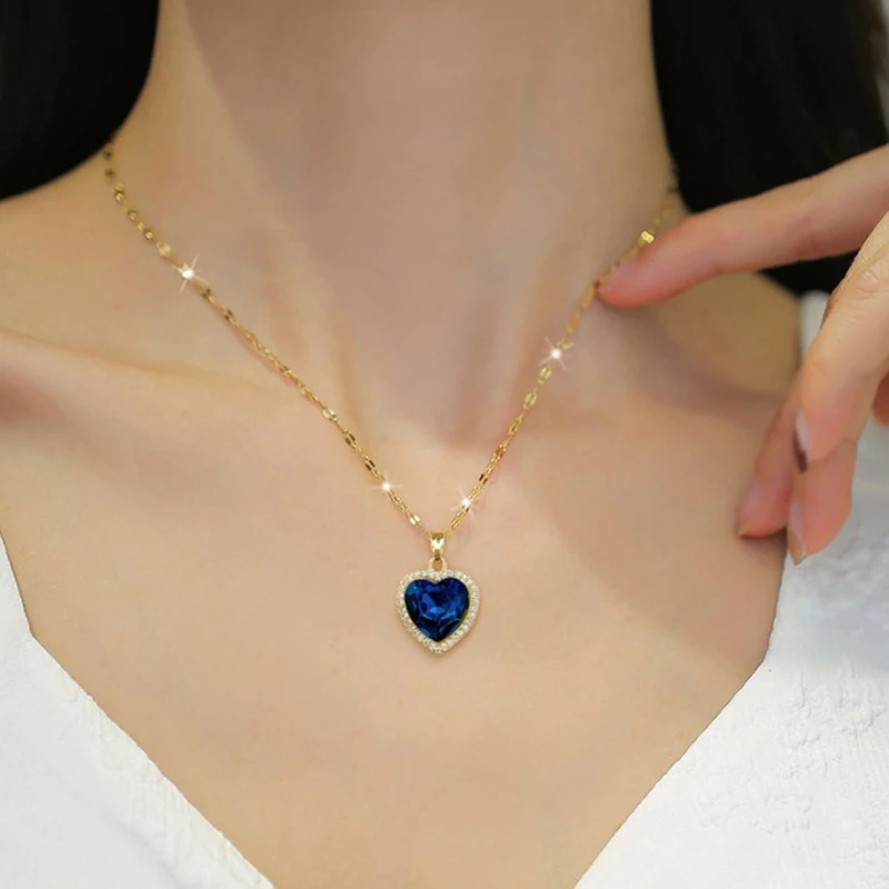 Stainless Steel Gold Plated Light Luxury Charm Blue Zirconia Heart Necklace For Women Girl Gorgeous Party Jewelry 2023