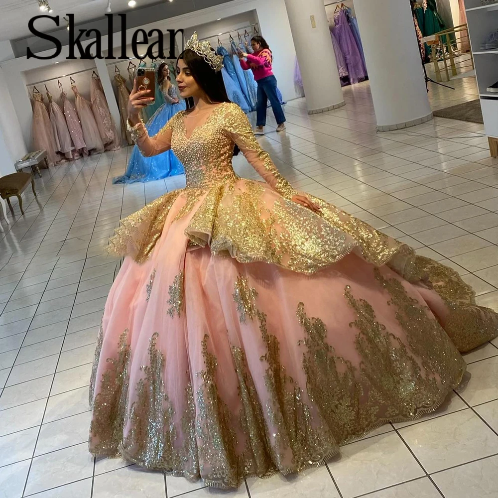 Skallean Dazzling Ball Gown Women Long Sleeves Appliques Jewel Neck Ruffles for Special Occasions Robe De Mariee Drop Shipping