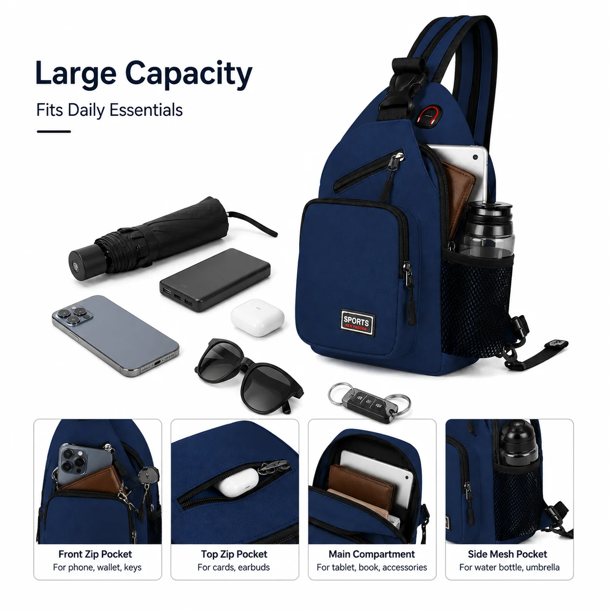 Water Resistant Oxford Sling Backpack Lightweight Crossbody Chest Bag with Multi Pockets Side Mesh Pocket for Travel Hiking Cycl