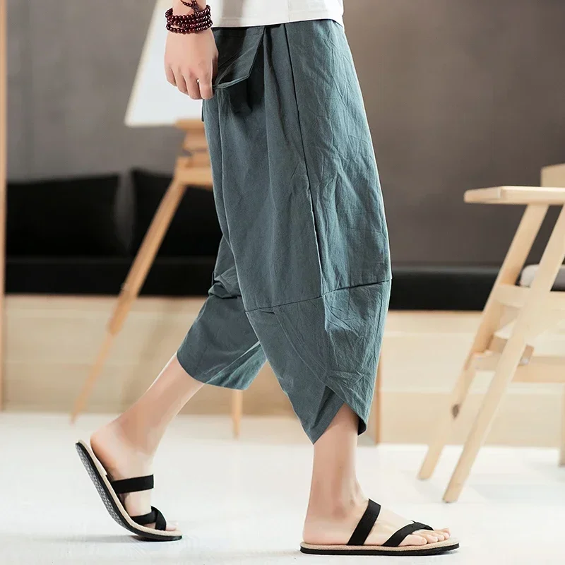 Kimono Pants Japanese Male Casual Loose Seven-Point Samurai Print Trouser Japan Men Yukata Harajuku Traditional Asian Costume