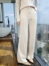 Women's Cashmere Trousers Elastic Waist Wide Leg Pants Autumn Winter 100% Mink Cashmere Knitwear Pockets Casual Drawstring Pants