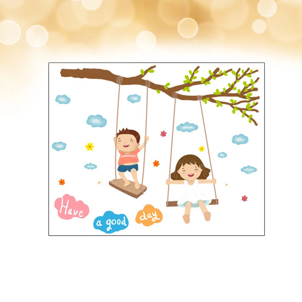 

Cartoon Boy Girl Play on Swing Wall Stickers Nursery Kids Room Home Decor Kindergarten Wall Decals Waterproof Removable PVC