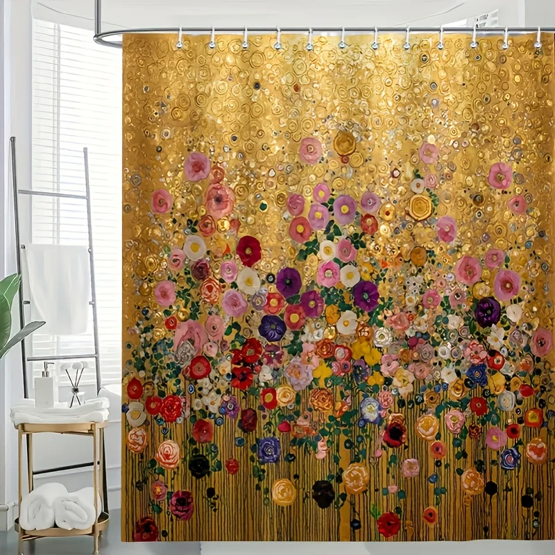 Luxury Gold Floral Print Shower Curtain Waterproof Polyester Bathroom Decor Curtain for Tropical Bloom Pattern Home Accent Spa S