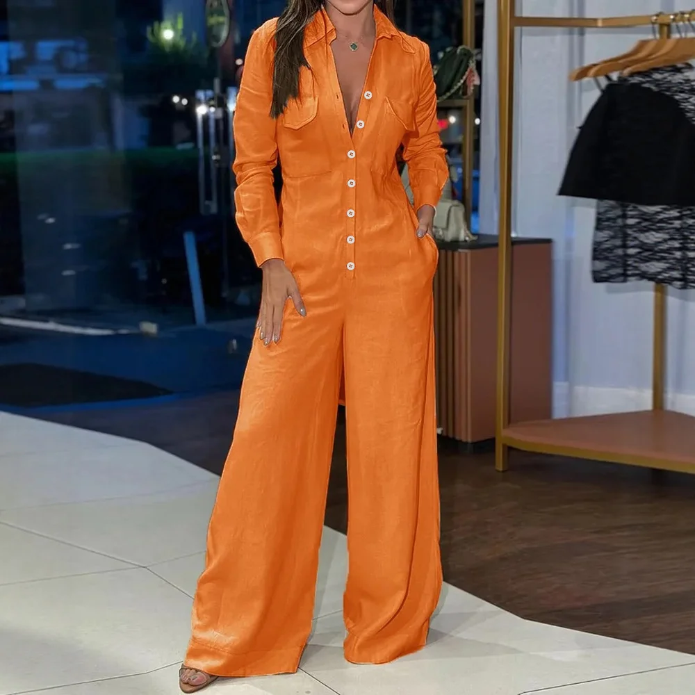 

Women's Autumn Summer Jumpsuits Long Sleeve Shirt Collar Full-Length Wide Leg Work Jumpsuit Simple Plain Design