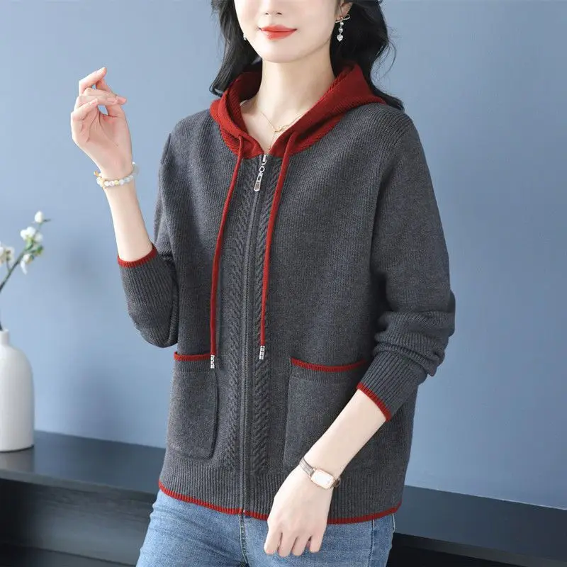 

Модный вязаный кардиган-свитер, куртка, женский весенне-осенний новый корейский короткий свитер на молнии разных цветов с капюшоном, пальто, женские топы