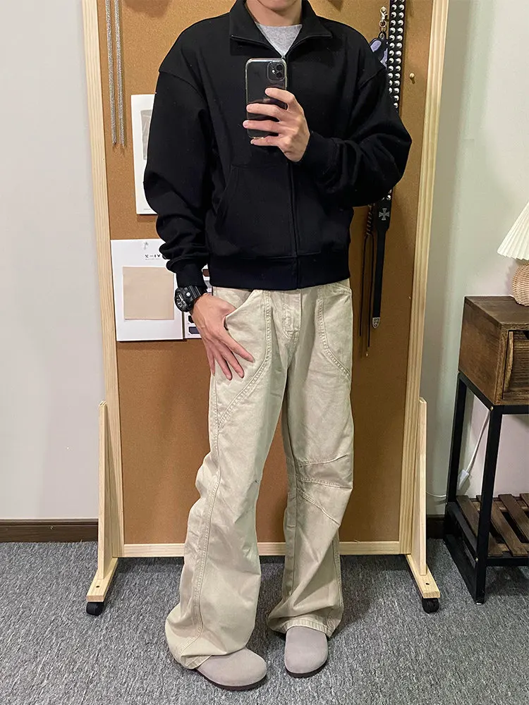 

Cleanfit Light Wash Men's Denim Jeans Slim Fit Knife mid Waist Straight Leg Micro Flared Pants Trousers for Men