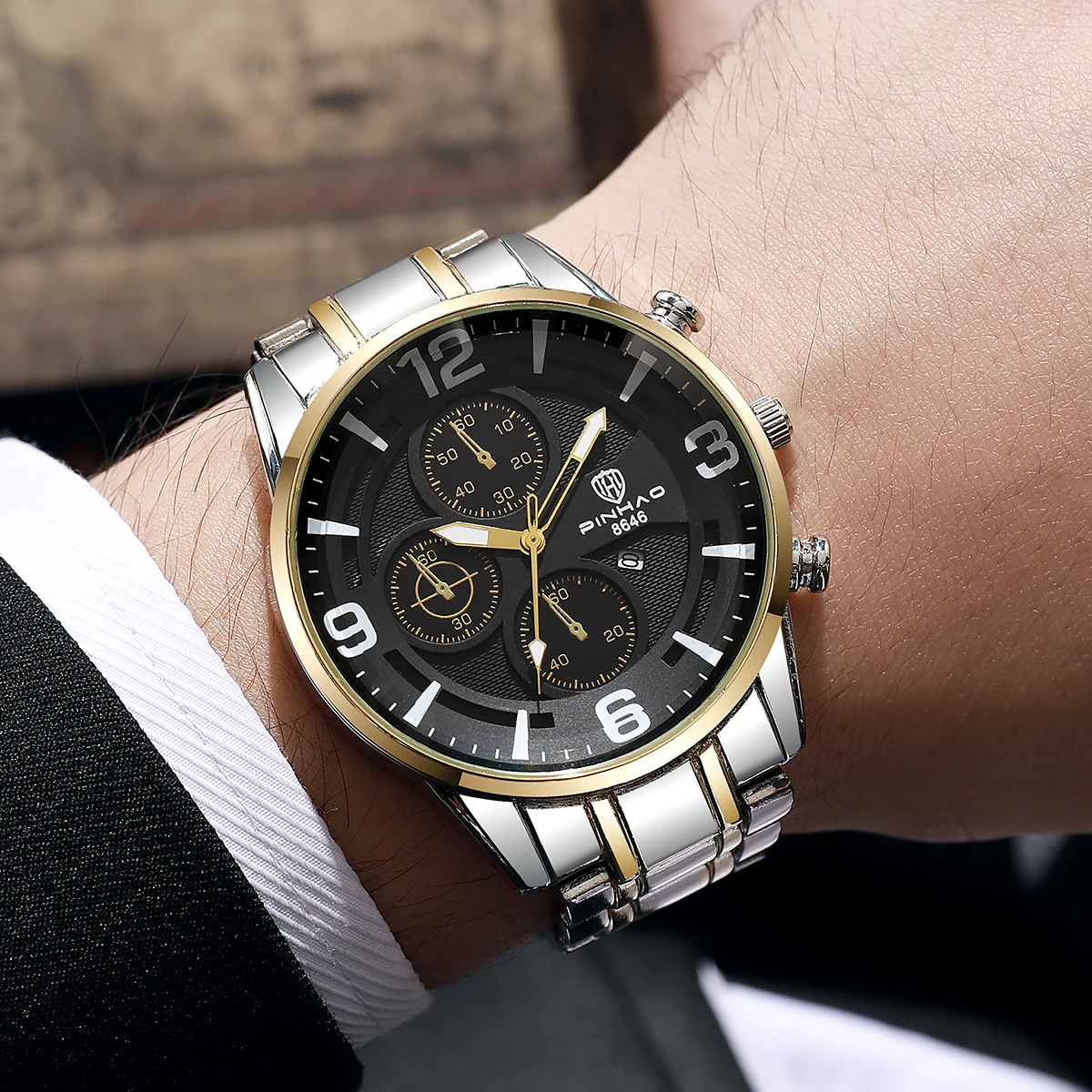 

Мужские часы-хронограф для бизнеса | Синий/черный циферблат | Двухцветный/серебряный браслет | Кварцевые наручные часы с функцией отображения даты