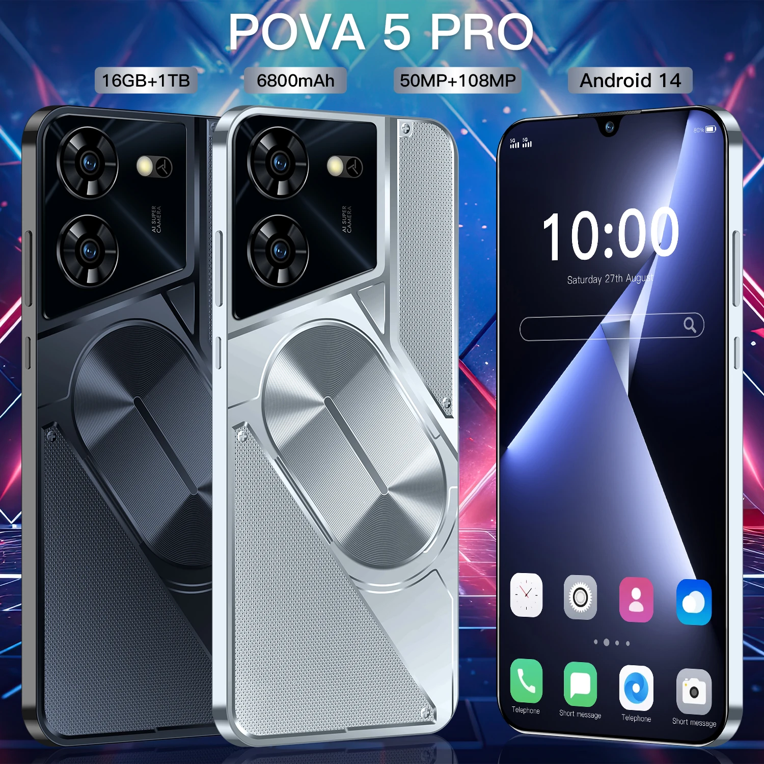 POVA-Android14を搭載したスマートフォン5プロ,携帯電話,デュアルSIM,顔のロック解除,オリジナル,7.3hd,16GB 1テラバイトmah,5g,グローバルバージョン,6800