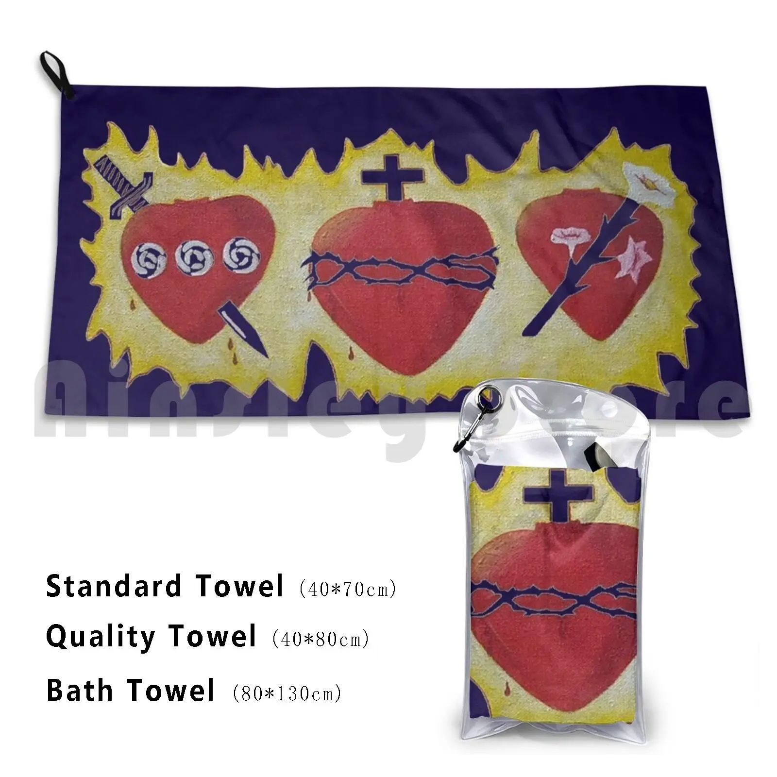 The Three Hearts Beach Towel Quick Dry Quality Towel Sacred Heart Of Jesus Immaculate Heart Of Mary Heart Of Joseph