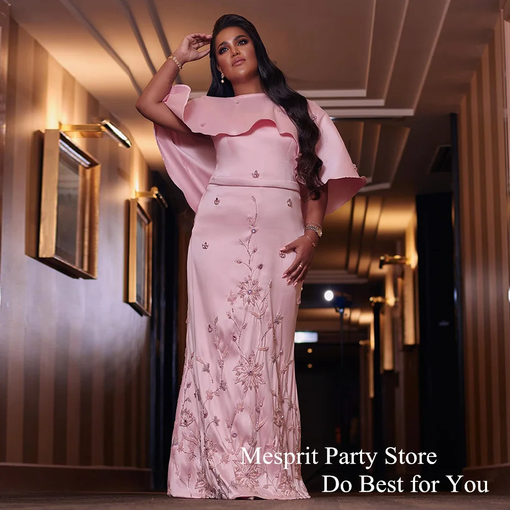 Mesprit Pink Saudi Arab Party Dresses O Neck Floor Length Beads Stones Prom Gown with Cape Mermaid Evening Dress Plus Size