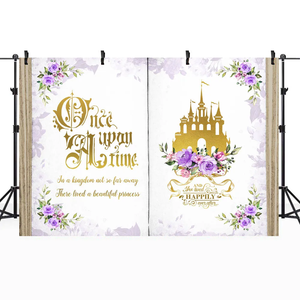 Mocsicka magiczna książka tło Baby Shower kiedyś dziewczyna wita imprezę wystrój złoty zamek fotografia w tle sesja zdjęciowa