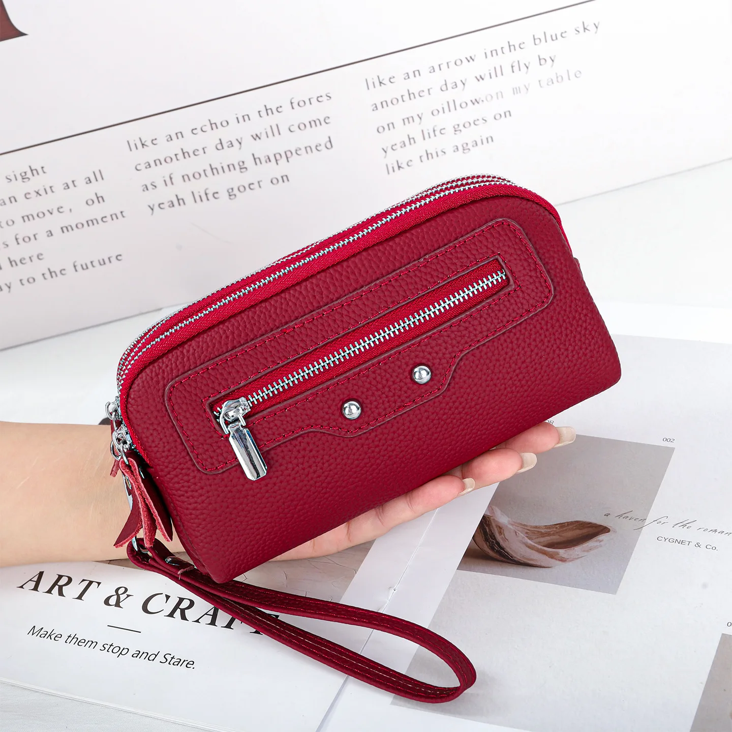 

Brand Design Genuine Leather Wristlet Clutch, Triple Zipper Long Phone Purse with Wrist Strap, Women Retro Cowhide Clutch Wallet