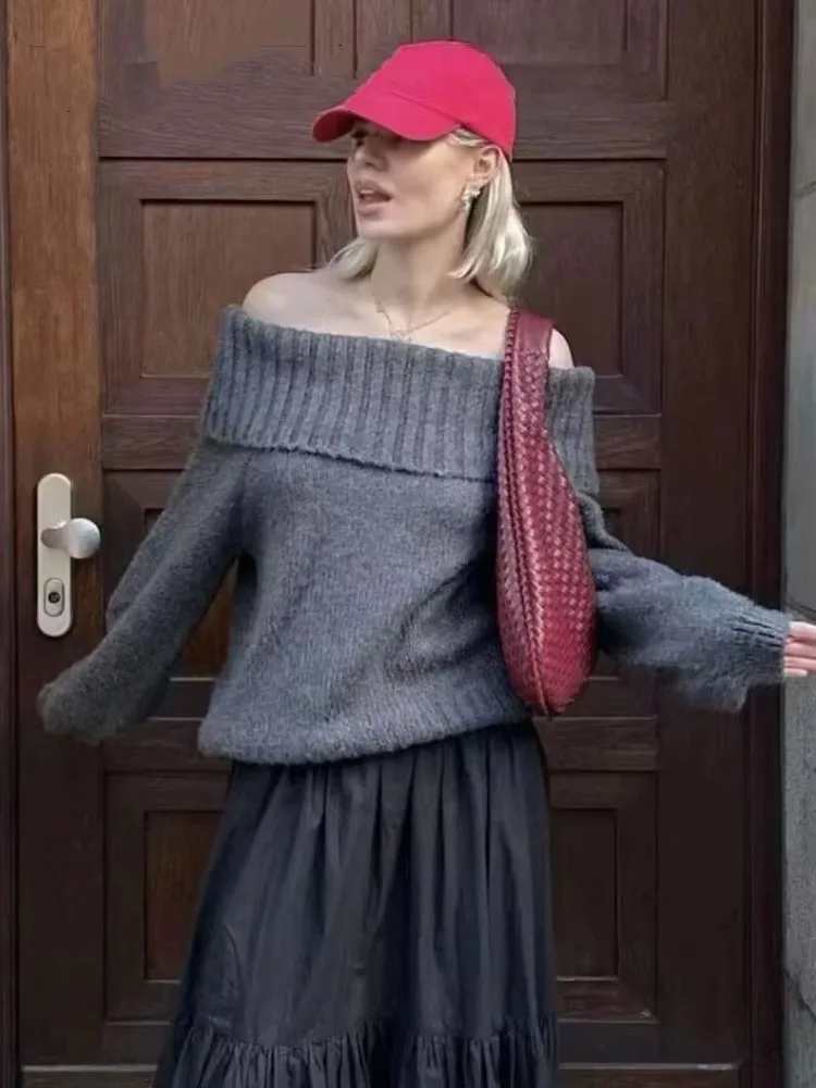 HH femmes automne nouvelle mode revers une épaule pull pull femme haute rue décontracté ample solide tout-Match haut français