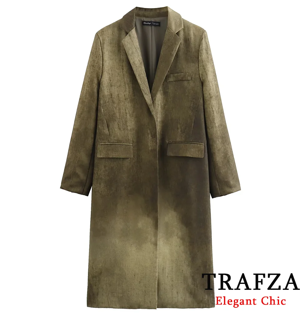 

TRAFZA Elegant Vintage Tie-Dye Longer Jacket Trench Coat Women Pocket Lapel Jacket Coat New 2024 Spring Fall Jacket Trench Coat