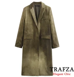 TRAFZA Elegant Vintage Tie-Dye Longer Jacket Trench Coat Women Pocket Lapel Jacket Coat New 2024 Spring Fall Jacket Trench Coat