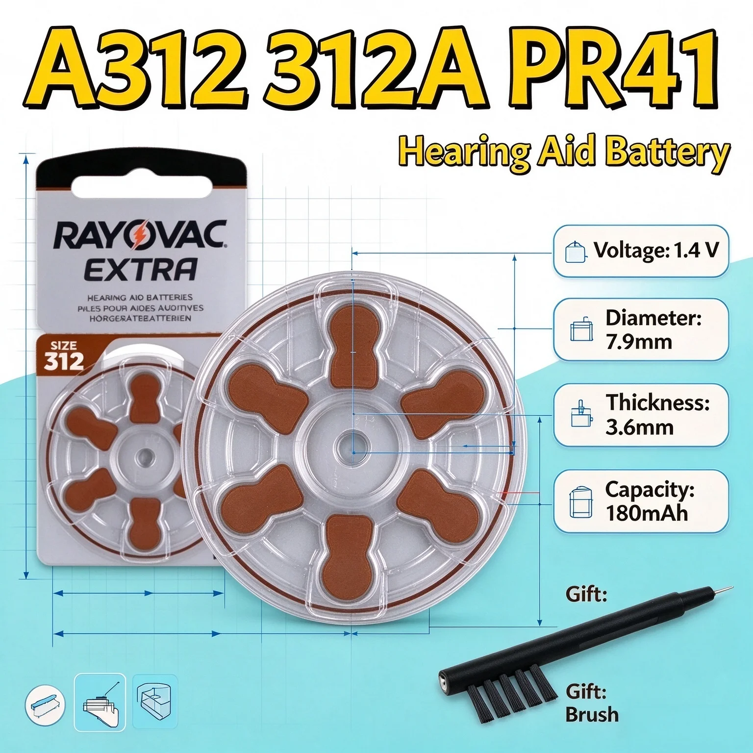 HIGH6-60PCS Rayovac Extra Performance Hearing Aid Battery 1.45V 312 312A A312 PR41 Zinc Air Battery For BTE CIC RIC OE Hearing A