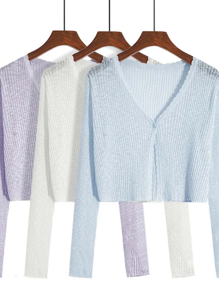 

Women Cardigans Long Sleeve Knitted Outerwear Solid Thin Spring Short Sweaters V-neck Knitwears Korean Fashion Cardigans