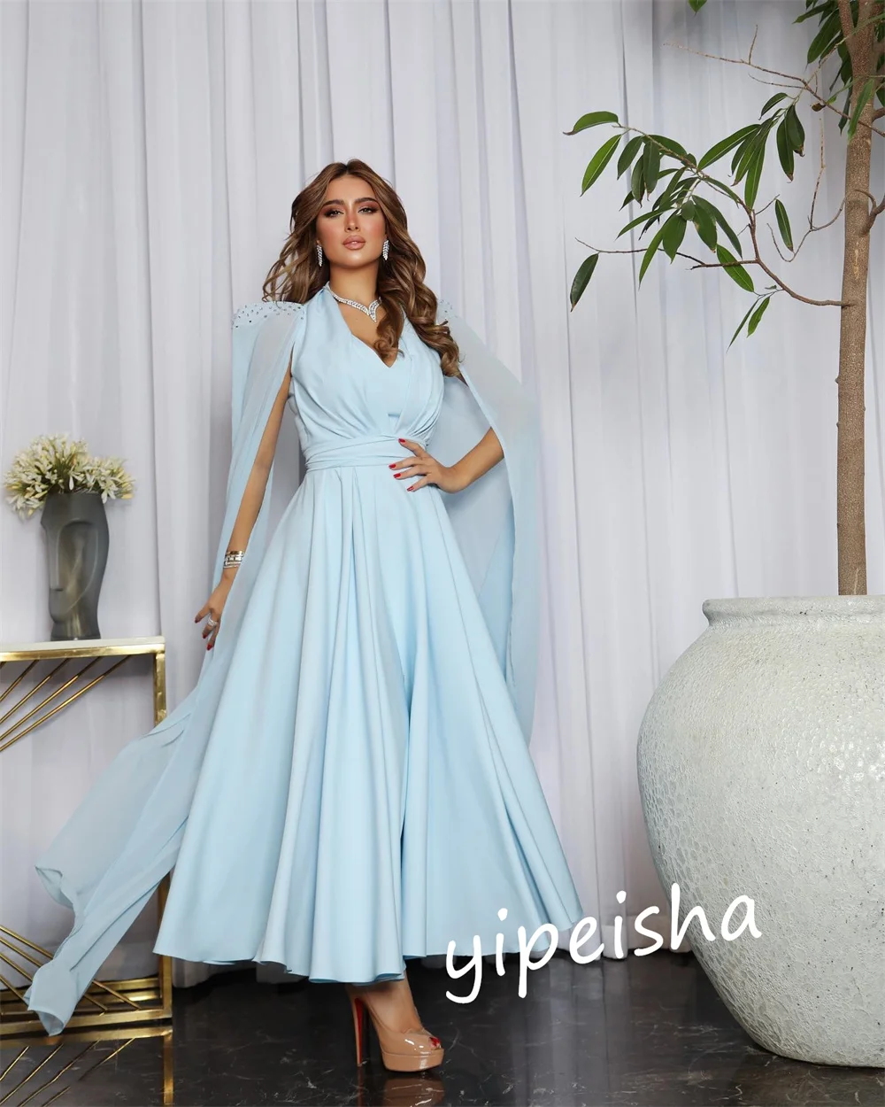 Jiayigong     Charmeuse Pleat Party A-line V-neck Bespoke Occasion Gown Midi es Saudi Arabia