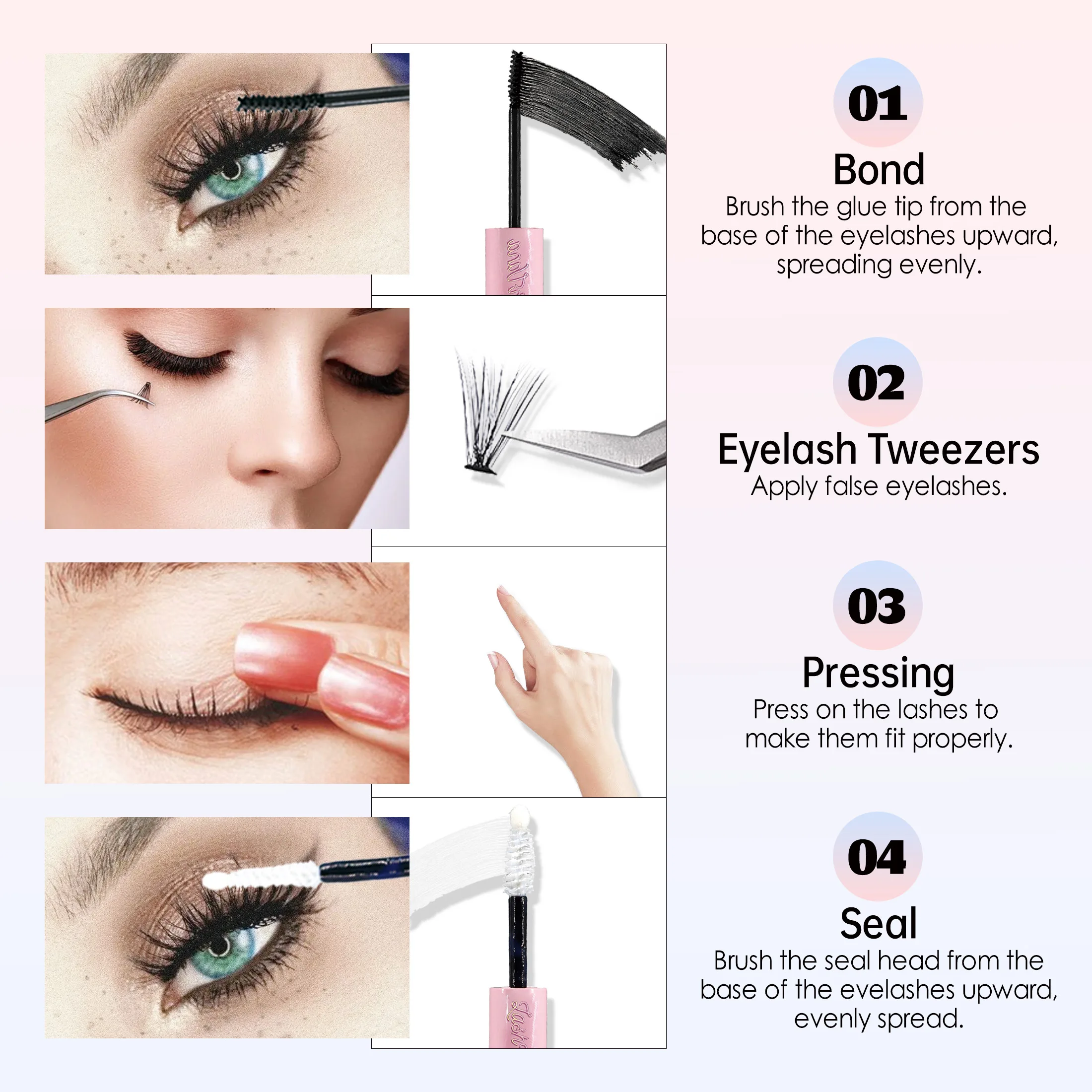 Pegamento y sello para pestañas individuales, 8ml, pegamento y sello, sujeción súper fuerte para extensión de pestañas y removedor de pegamento para pestañas, Kit de pinzas de 5ml