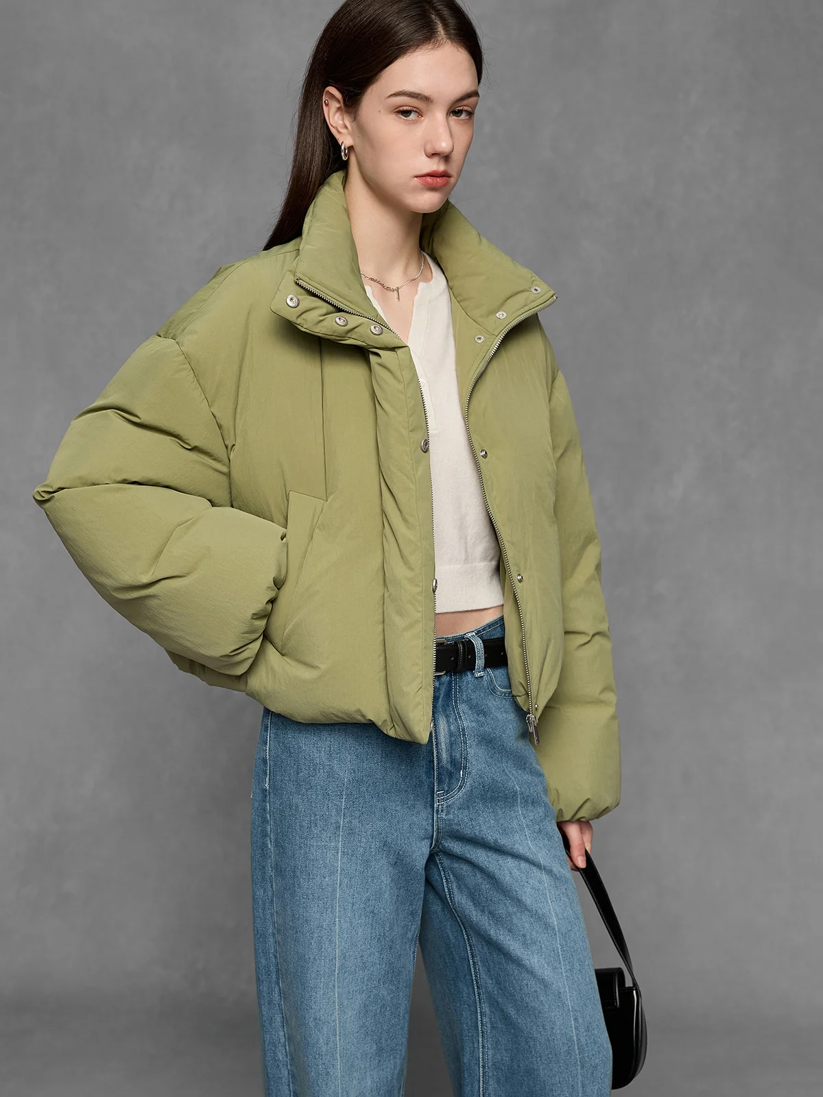 

JUSLIN 90% White Du down Puffer Jaet ort Sle Stand Collar Hidden Stitching Bread ape Jaet Commute Sle J25