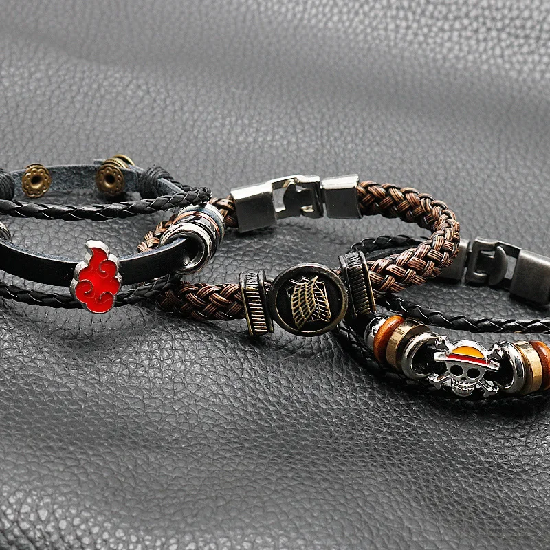 New Anime One Piece Pirate Bracelet Cartoon Action Doll Lufei Straw Hat Punk Black Leather Woven Bracelet Toy Birthday Gift