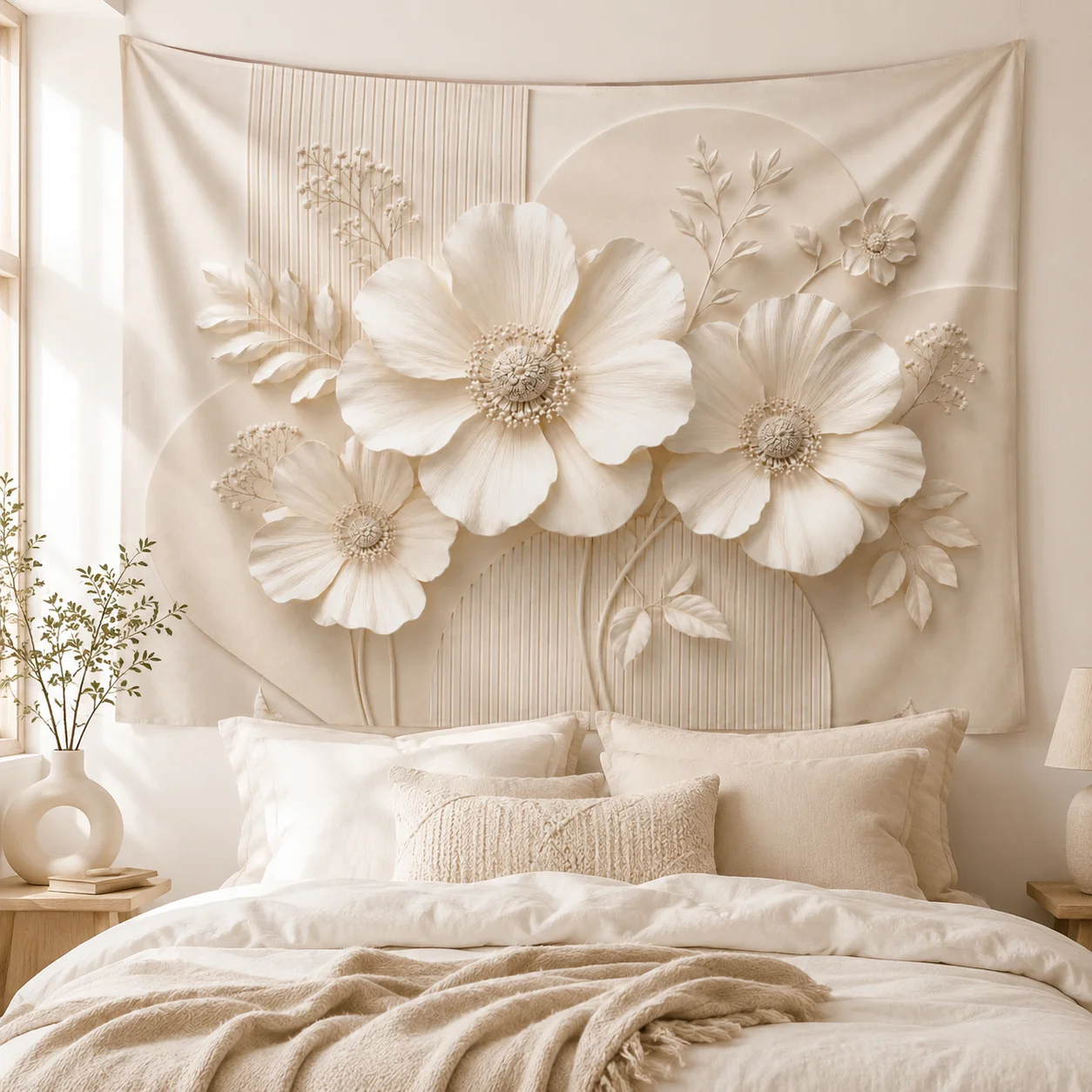3D Textured Beige Floral Wall Tapestry Neutral White Poppy Flower Wall Hanging Aesthetic Bedroom Home Decor Housewarming Gift