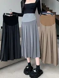 Autumn and Winter Maternity Woolen Skirts Preppy Style Long Loose Pregnant Women Pleated Skirt High Waist Pregnancy Full Skirt