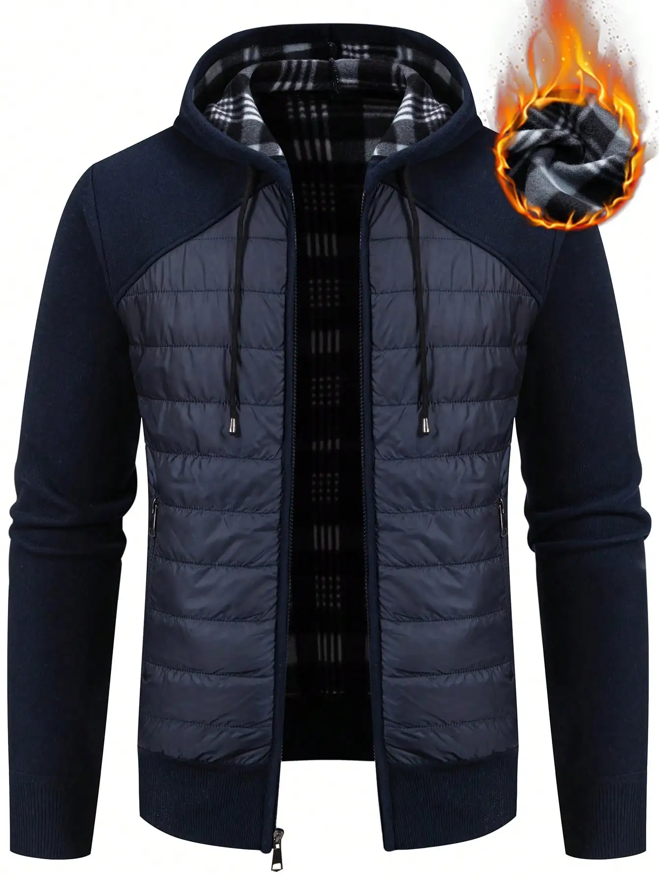 

Men's Hooded Zip-Up Quilted Jacket with Raglan Sleeves and Plaid Lining for Casual or Business Wear