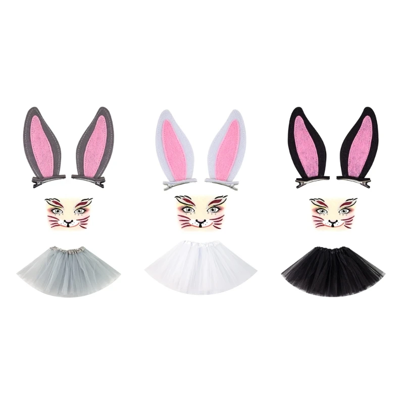 

Rabbit Ears Hair Clip Headpiece And Matching Face Stickers and Skirt Set For Children Adults Cosplay Costume Parties 15UB