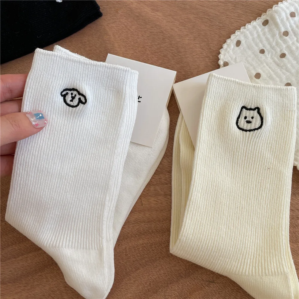 SP&CITY Simple Embroidered Dog Cotton Socks Women's Double Needle Comfortable Mid Tube Socks College Thin Girl Daily Socks