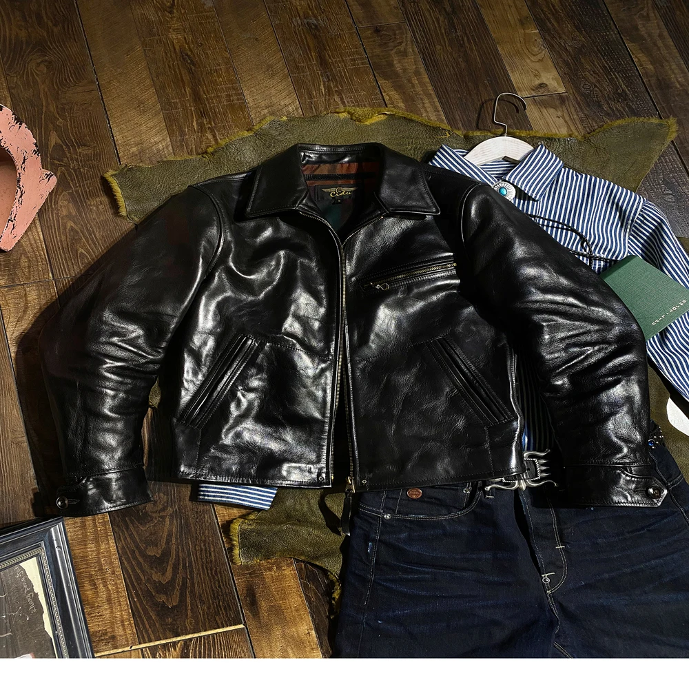 shipping.Classic YR!Free 1930 motor biker coat.quality tea core horsehide jacket.black heavy men leather clothes.