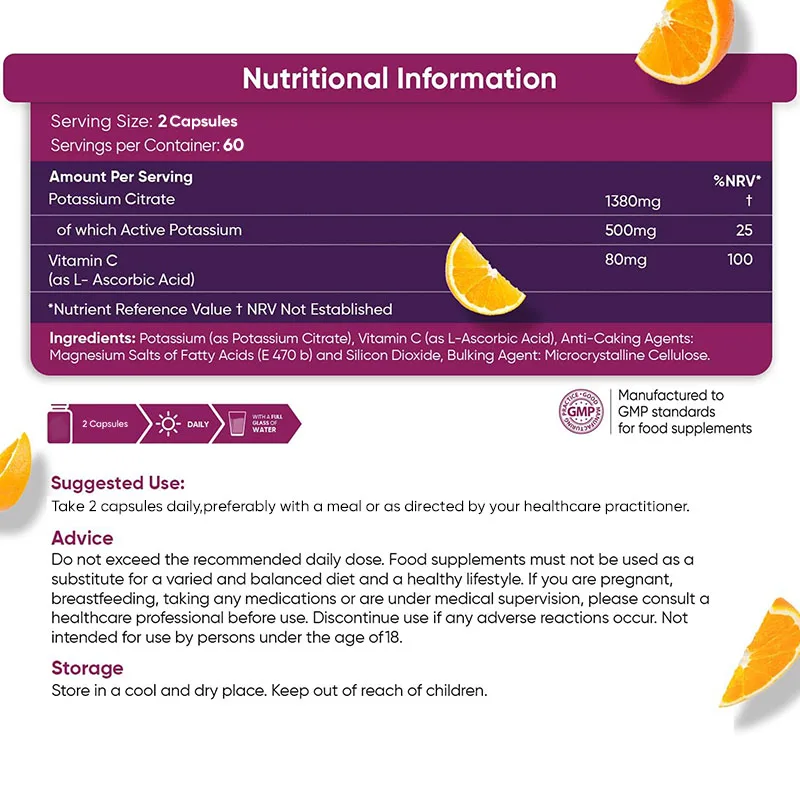 Potassium Citrate Supplements 1460mg - Contains Vitamin C To Help Maintain Normal Bone, Nerve and Immune System Function