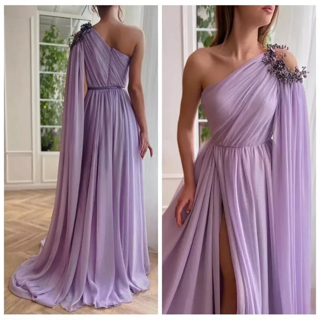 ที่กําหนดเองคุณภาพสูงริ้วรอยสูงเข็มขัดยาวหนึ่งไหล่สีม่วงซิป Robe Soiree Mariée Robe Soiree Mariée