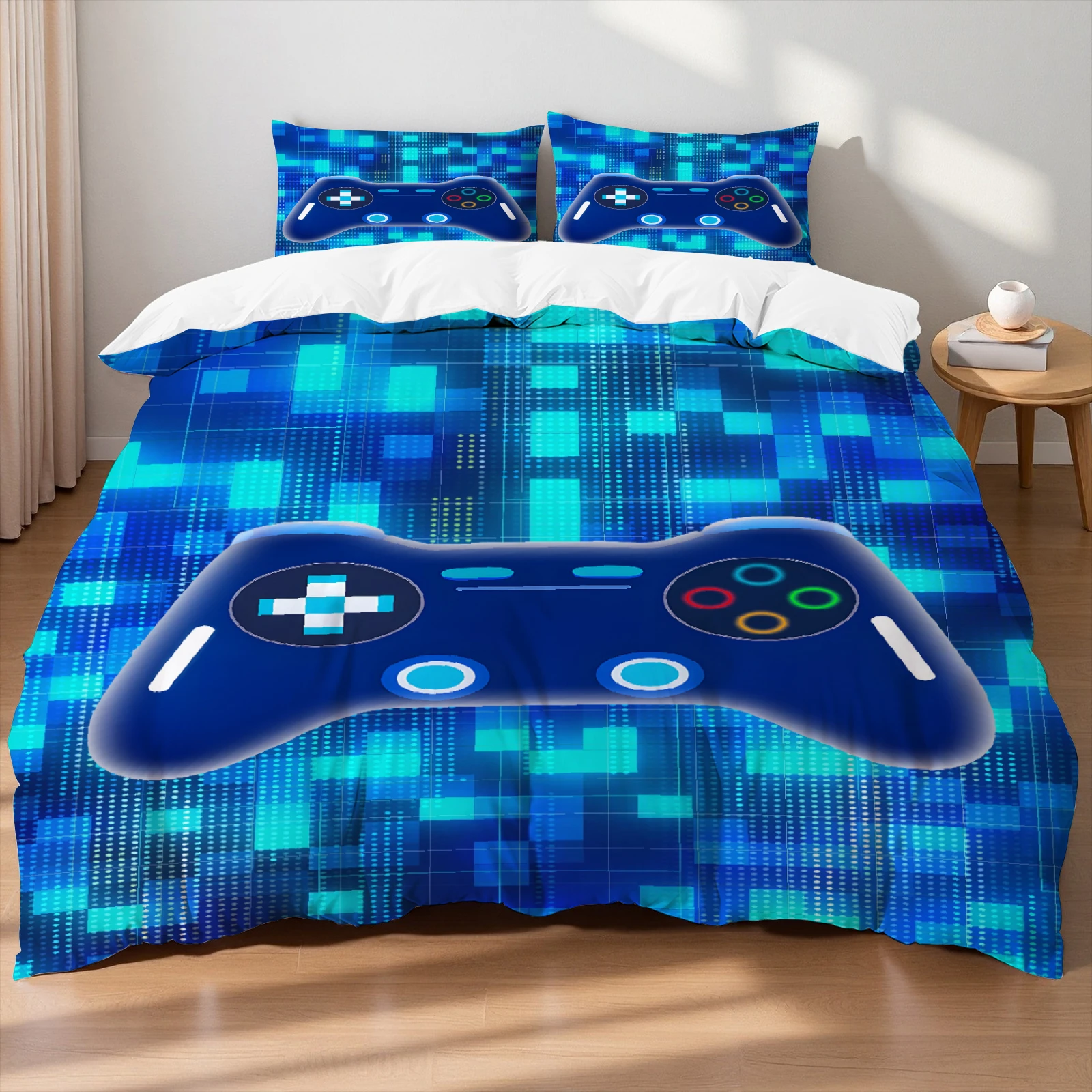 Size Bed in A Bag 3/4 Pieces Gaming Bedding Set for Boys Blue Gamer Comforter with Sheet Set for Kids Teen Cool Video Game Quilt
