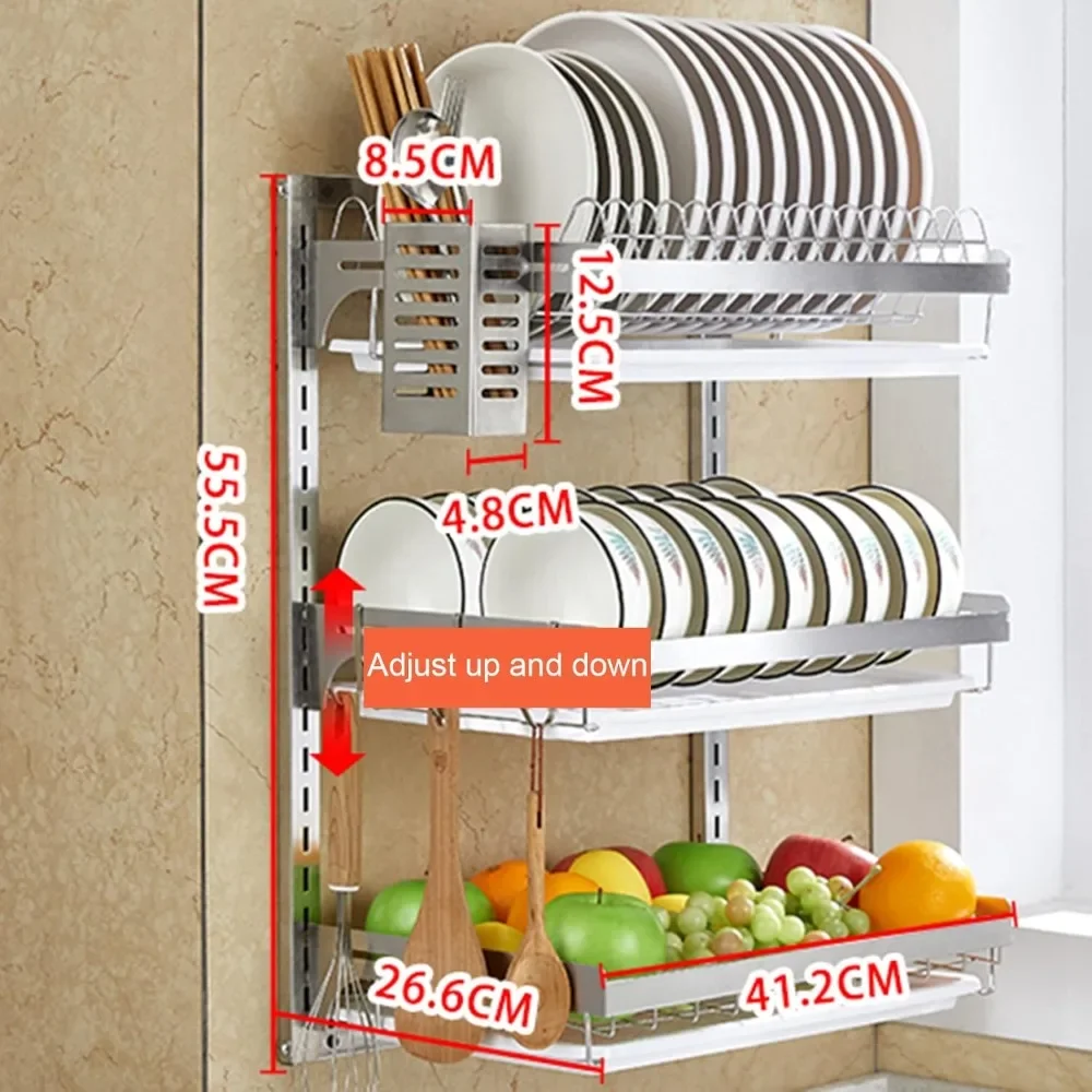 Kitchen Dish Drying Rack Bowl Holder, Wall Mounted, 3-Tier, Space Saver for Cup/Spoon/Fork, Drain Rack