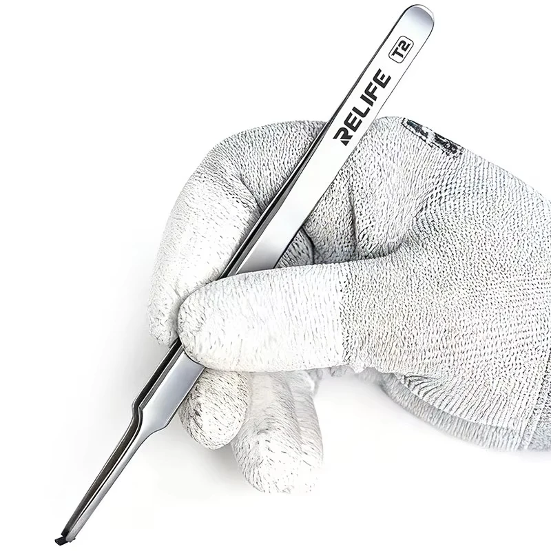 RELIFE T2 Flat Round Tip Extended Handle Tweezers Non-Magnetic for SMD Capacitor Resistor Phone Repair Components Hand Tool