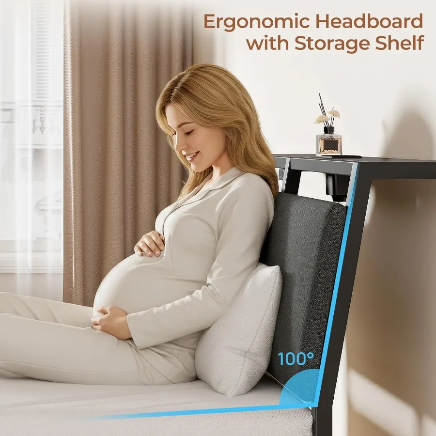 إطار سرير كامل الحجم مع محطة شحن مريحة للتخزين على اللوح الأمامي وسرير بمنصة منجدة مع درج إضاءة LED شديد التحمل