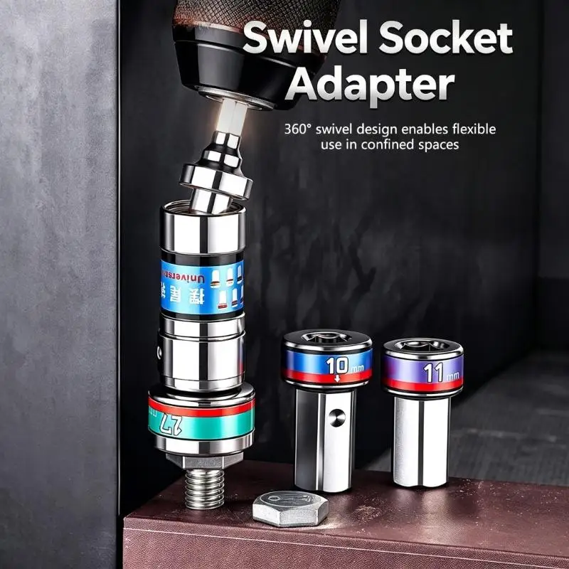 652F Angled Socket Adapter Set for Drill Driver Use, 1/4Inch Shank 8/10/11/14/17/19Mm for Tight Space Repair Work